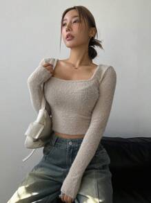 DAZY Của phụ nữ Sang trọng Áo thun Với Thanh lịch Đường viền cổ áo - Màu be - Xem 4