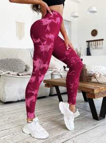 Yoga Basic Tie-dyed Sports Leggings - Burgundy - View 4