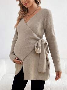 SHEIN Maternity Sweater With Side Tie Design And V-neckline - Khaki - View 3