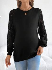 SHEIN 孕妇纯色蕾丝拼接灯笼袖运动衫，适合冬季 - 黑色 - 查看 5