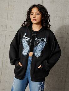 SHEIN Thiếu niên Cô gái Bướm & Chữ in Áo nỉ có mũ - màu đen - Xem 6