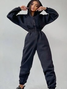SHEIN EZwear 女款純色帽t長袖連身褲 - 藏蓝色 - 查看 1