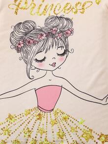 SHEIN Young Girls Cartoon Character & Letter Printed Cap Sleeve T-Shirt With Ruffle Trim & Long Pants Set - Multicolor - View 6