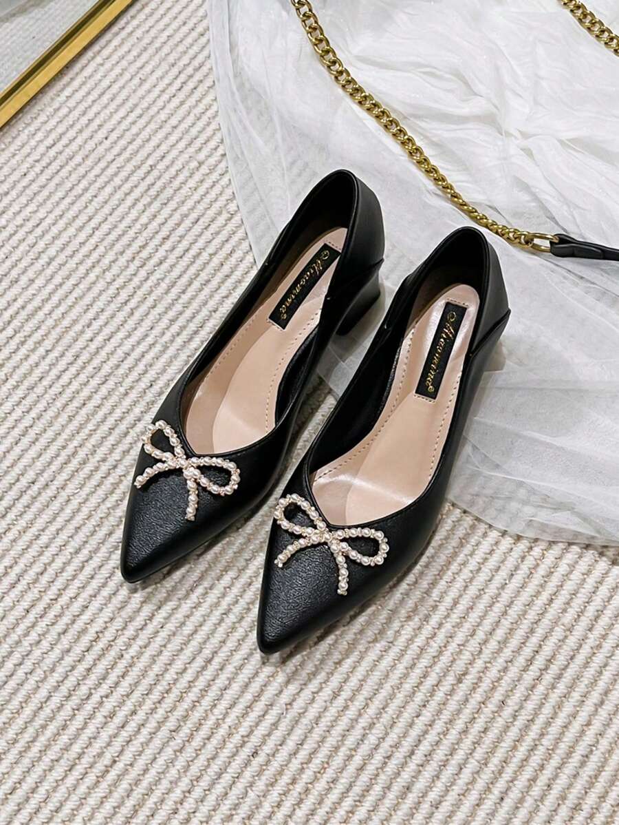 Middle Heel Chunky Heel Pumps Bow Knot Rhinestone Black Commute High-Heeled Shoes - Black - View 1