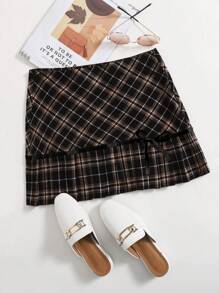 SHEIN EZwear Plaid Printed Pleated Hem Skirt - Brown - View 1