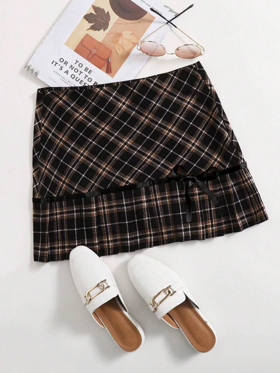 SHEIN EZwear Plaid Printed Pleated Hem Skirt - Brown - View 1