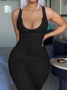 SHEIN Women's Solid Color Tight-fitted Fashionable Dress With Scoop Neckline - Black - View 4