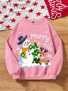 SHEIN EZwear 女式聖誕印花下肩毛絨衛衣 - 淺粉色 - 查看 3