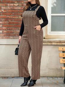 SHEIN LUNE Plus Size Women's Full Printed Geometric Pattern Overall Jumpsuit - Multicolor - View 3
