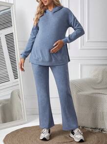 SHEIN Maternity Solid Color Hooded Sweatshirt And Trousers Two-piece Set - Blue - View 5