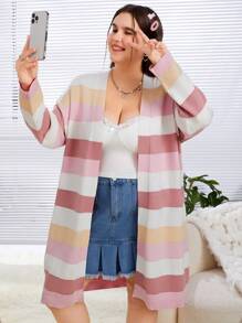 SHEIN EZwear Women's Plus Size Striped Color Block Cardigan - Multicolor - View 5