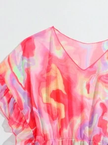 適合青少女的流體印花荷葉邊裙 - 紅色 - 查看 3