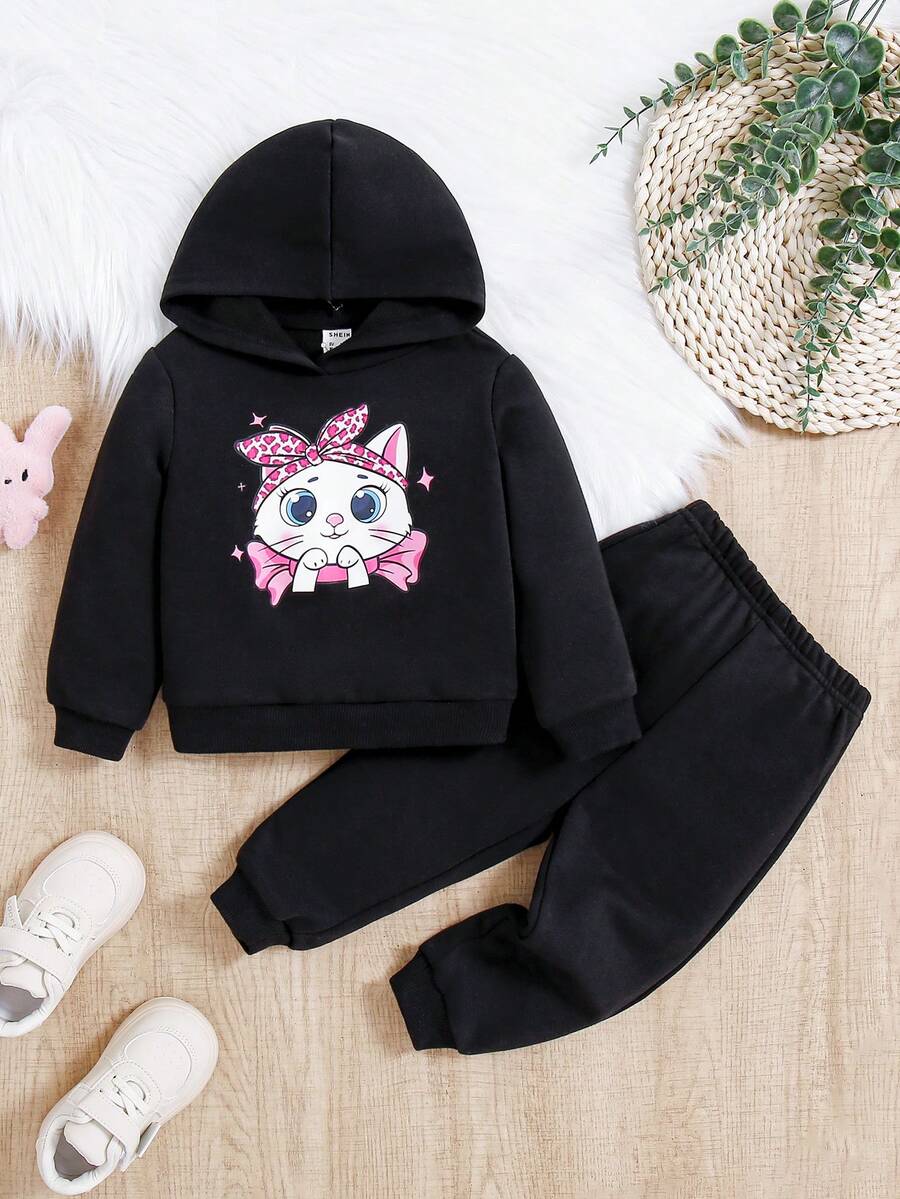 SHEIN Em bé Cô gái Dễ thương Giải trí Hình con mèo Áo nỉ có mũ Và Dài Quần Bộ - màu đen - Xem 1
