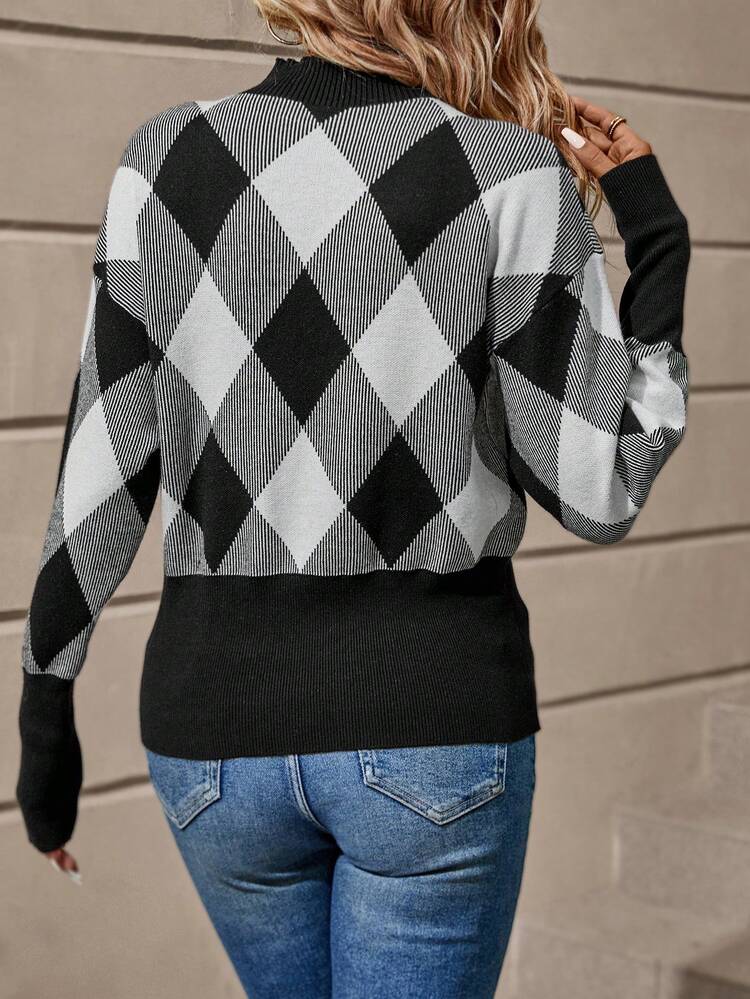 Women'S Geometric Pattern Patchwork Stand Collar Drop Shoulder Sweater