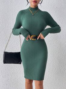 SHEIN Essnce 女士立領修身毛衣連衣裙 - 綠色 - 查看 1