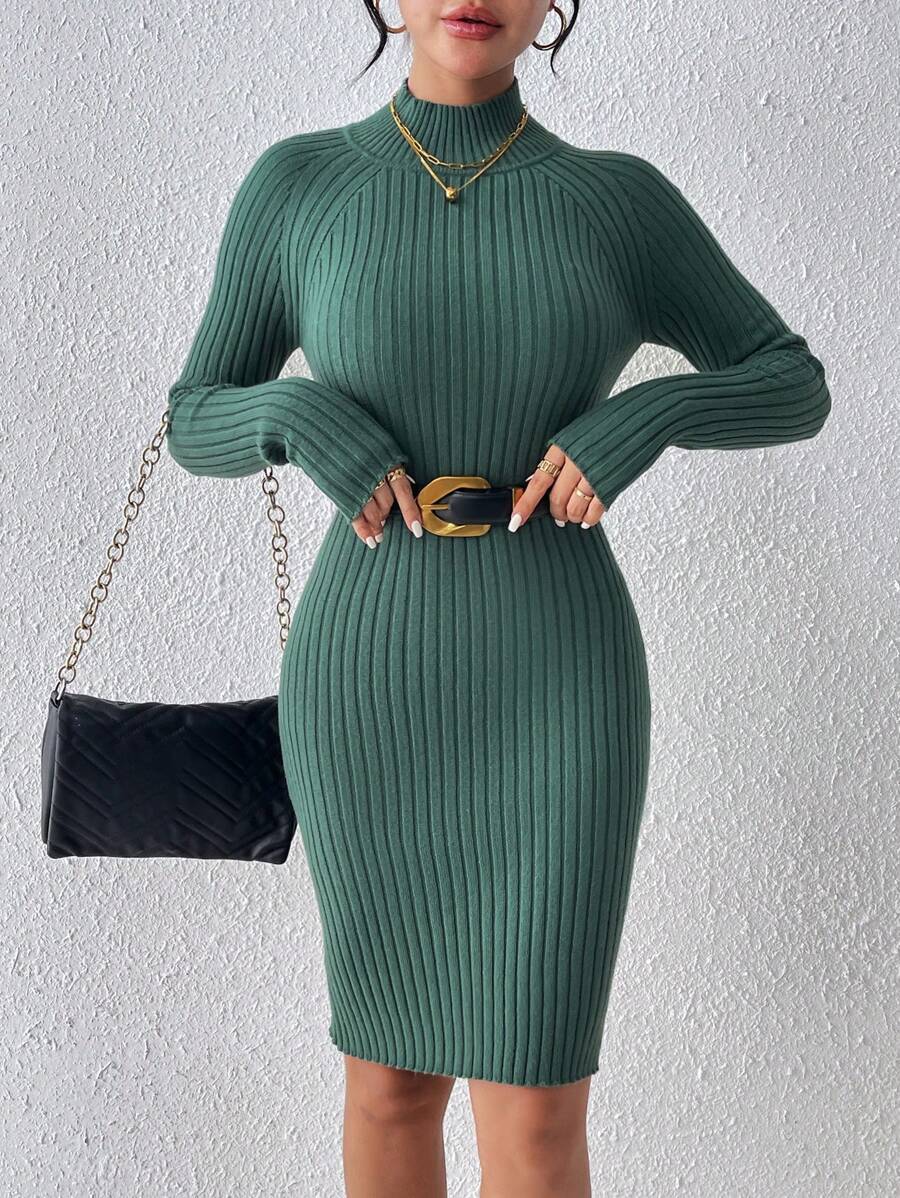 SHEIN Essnce 女士立領修身毛衣連衣裙 - 綠色 - 查看 1