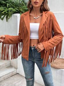 SHEIN VCAY Women's Faux Suede Fringed Jacket - Brown - View 4