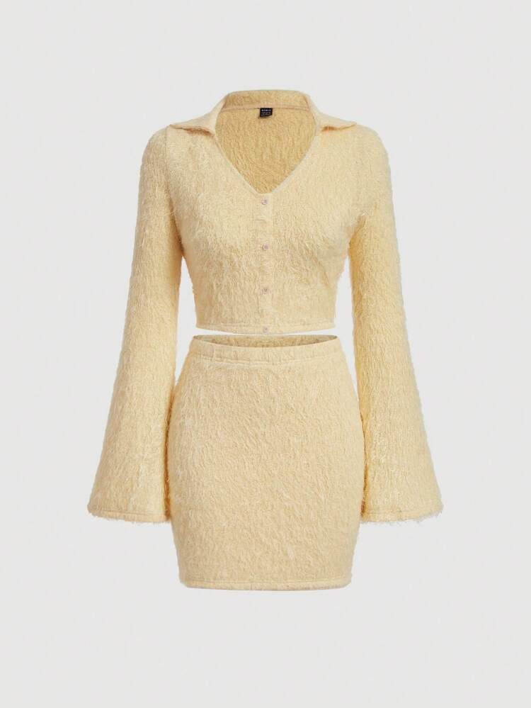 Solid Button Front Crop Fuzzy Top & Bodycon Skirt