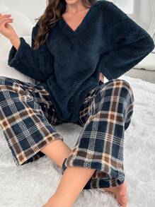 Women's Flannel Plaid Pajama Set - Navy Blue - View 4