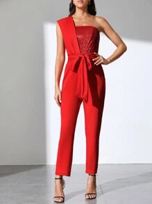 Zolique 一肩亮片拼接束帶連身褲 - 紅色 - 查看 5