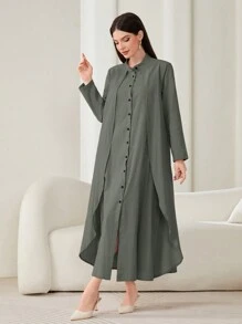 Al Najma Women's Solid Color Loose Arabian Dress With Button Placket - Dark Green - View 1