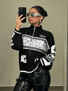 SHEIN ICON 秋装女式字母图案落肩黑色开衫、长袖上衣 - 黑與白 - 查看 5