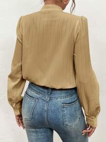 SHEIN Frenchy Texture Shirt With Notched Collar And Puff Sleeves Winter Casual - Camel - View 2