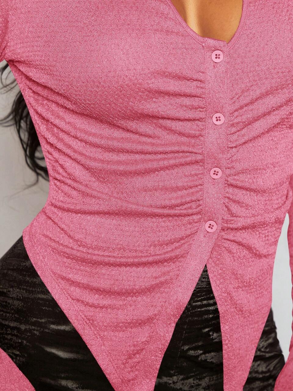Women's Asymmetrical Hem Ruched Button T-Shirt