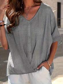 Plus Short Sleeve Solid Top - Grey - View 3