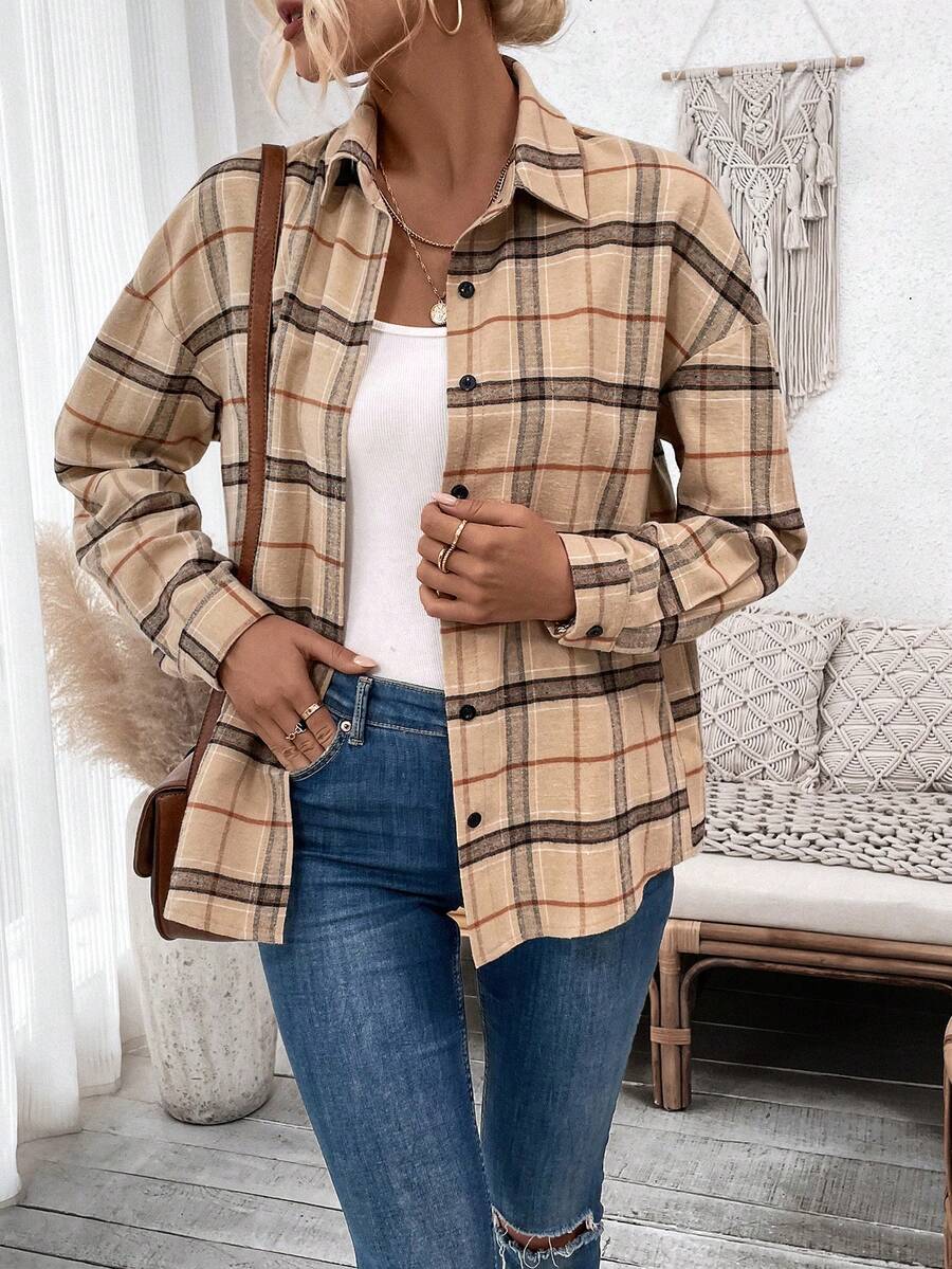 SHEIN LUNE 女式格紋落肩襯衫