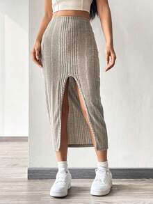 SHEIN EZwear Khaki Knitted Women'S Bodycon Slit Skirt - Khaki - View 5
