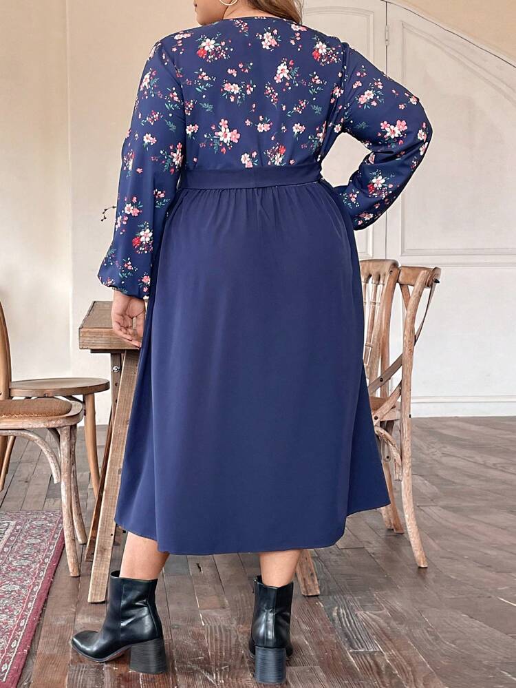 Plus Size Flower Print Dress With Tie Design