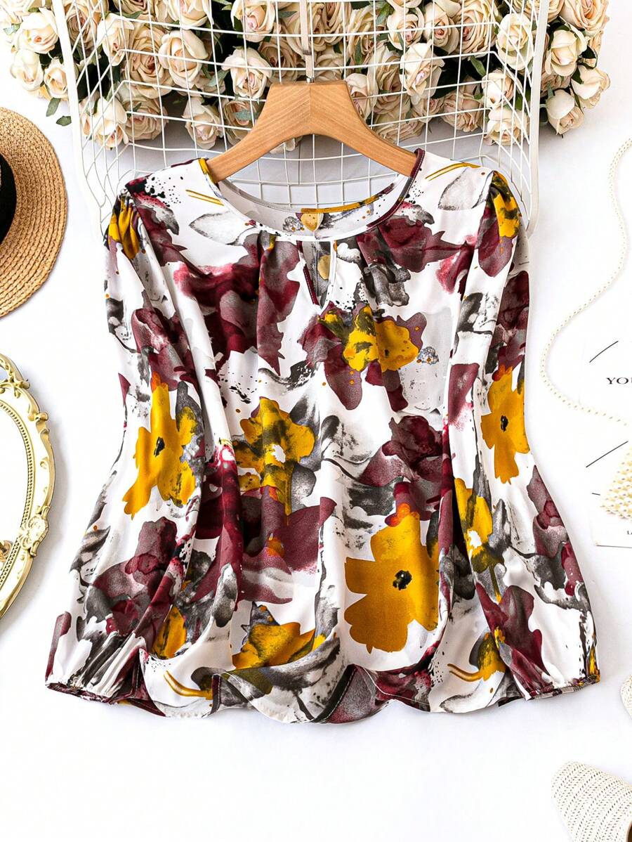 SHEIN LUNE Plus Size Women's Ink Flower Print Pullover Shirt - Multicolor - View 1