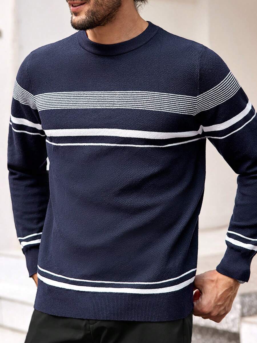 GENTILAND Men's Long Sleeve Round Neck Striped Sweater Pullover - Blue - View 1
