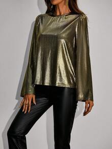SHEIN Clasi Ladies' Metallic Puff sleeve Shirt - Gold - View 4