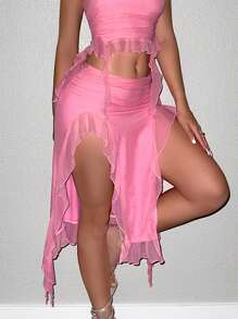 Sweetina Ruched Side Asymmetrical Ruffle Hem Mesh Skirt - Pink - View 5