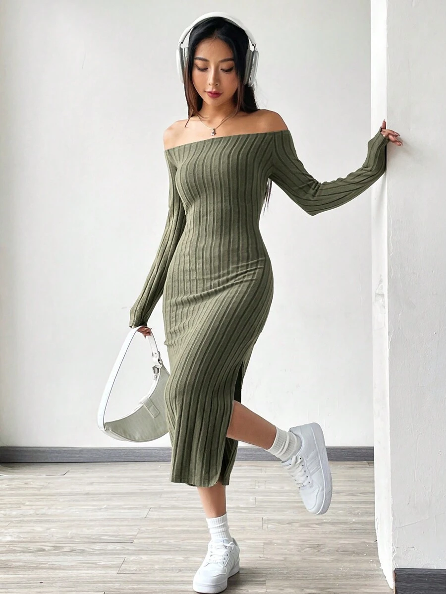 SHEIN EZwear 綠色針織露肩女連身裙 - 軍綠色 - 查看 1