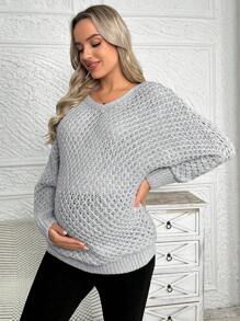 SHEIN Maternity Knitted Batwing Sleeve Sweater With Hollow Out Design - Grey - View 6