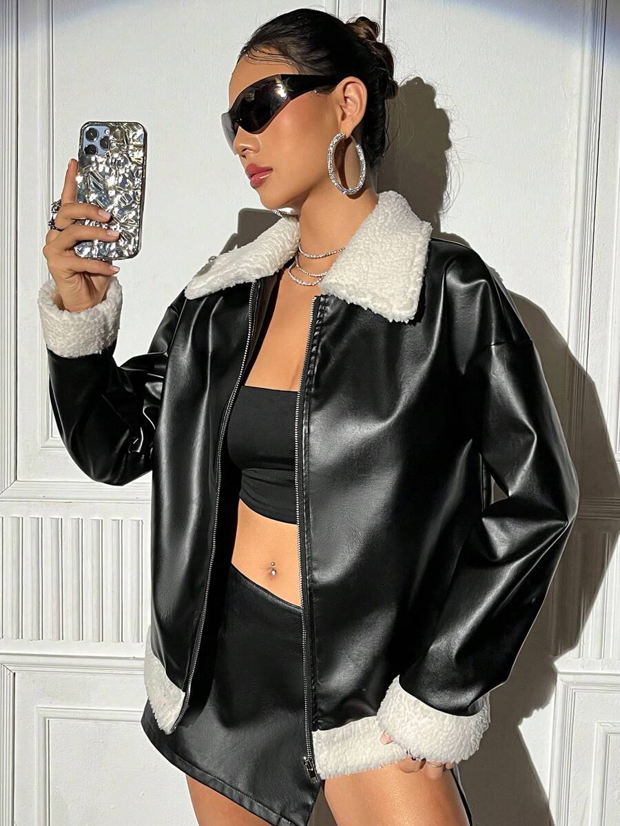 EgrlEra Borg Collar Drop Shoulder PU Leather Coat Fall Winter Cloth For Women - Black - View 1