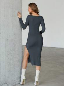 Cottnline Women's Split Hem Sweater Dress With High Neckline - Dark Grey - View 2