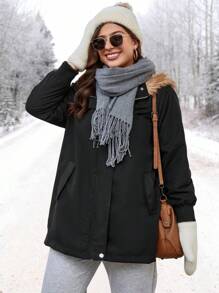SHEIN LUNE 加大拉链毛绒装饰连帽派克大衣棉服外套冬季 - 黑色 - 查看 7