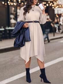 SHEIN Unity Plus Mock Neck Lantern Sleeve Hanky Hem Dress Without Belt Fall Cloth For Women - Apricot - View 6