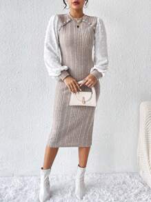 SHEIN Clasi 拼接緊身連身裙 - 杏色 - 查看 3