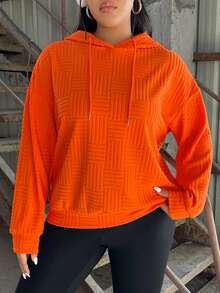 SHEIN EZwear 女士加大碼束口連帽紋理面料連帽衫 - 橘色 - 查看 6