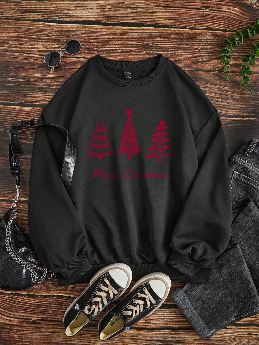 SHEIN Qutie In Giáng sinh Thả vai Áo nỉ - màu đen - Xem 1