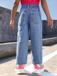 SHEIN Explorewe Young Girl Heart Print Ripped Straight Leg Jeans - Medium Wash - View 2