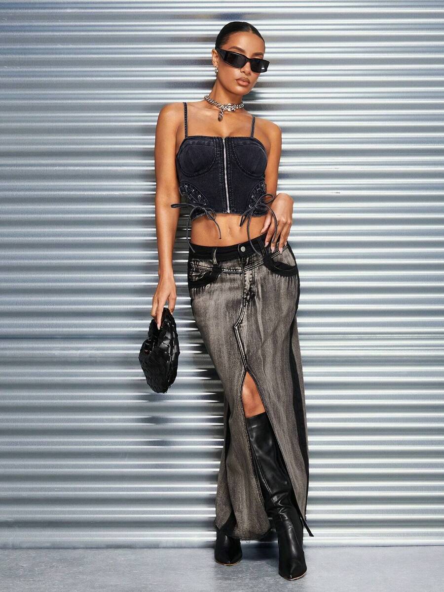 SHEIN BAE 炙熱女孩系帶裝飾牛仔上衣,女式 - 黑色 - 查看 1