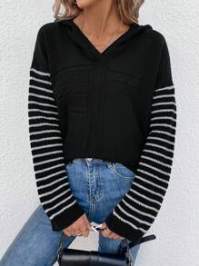 SHEIN Essnce 女式長袖連帽套頭毛衣 - 黑色 - 查看 5