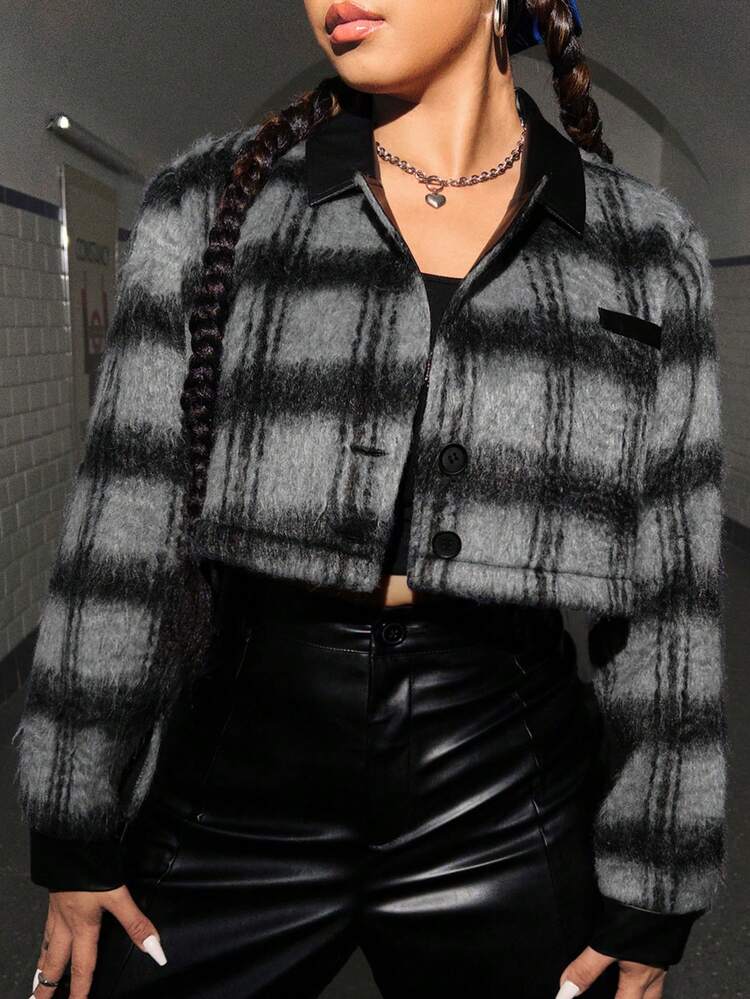 Women's Plus Size Short Plaid Jacket