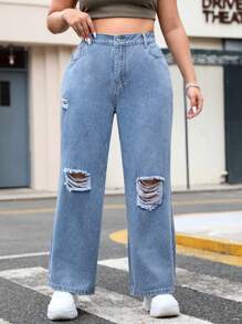 SHEIN EZwear 大尺碼仿舊直筒牛仔褲 - 藍色 - 查看 1